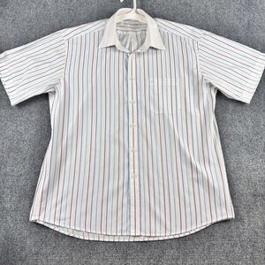 Christian Aujard Paris Mens Shirt 110 L White Blue Burgundy Stripe Short Sleeve